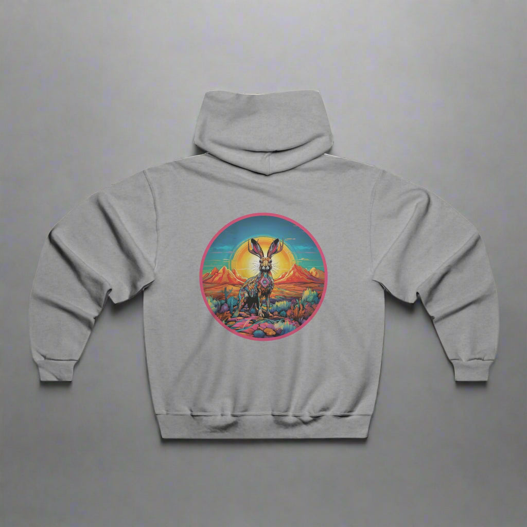 A gray men's hooded sweatshirt featuring a vibrant graphic of a jackalope in a nature setting.