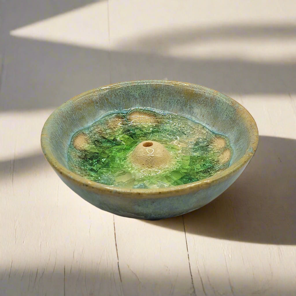 Small Incense Burner with Crackled Glass