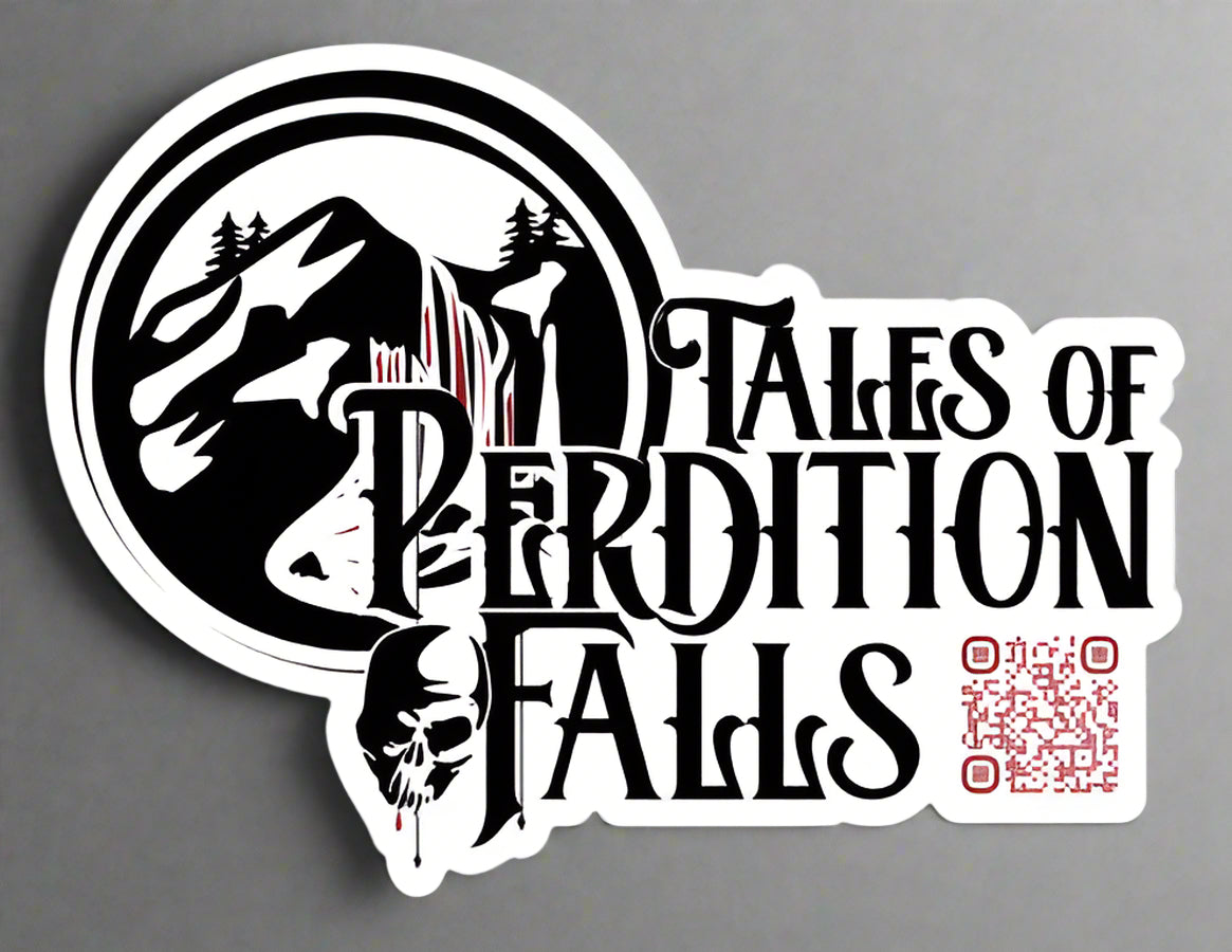A diecut sticker featuring the Perdition Falls logo, which includes text and a graphic of mountains and a skull.