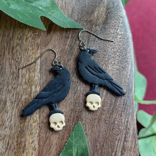 Raven On Skull Dangle Earrings