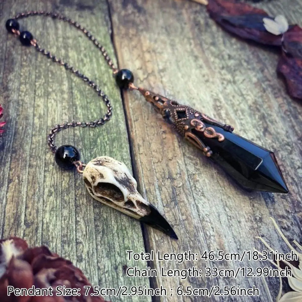 Black Obsidian Crystal Pendulum With Raven Skull